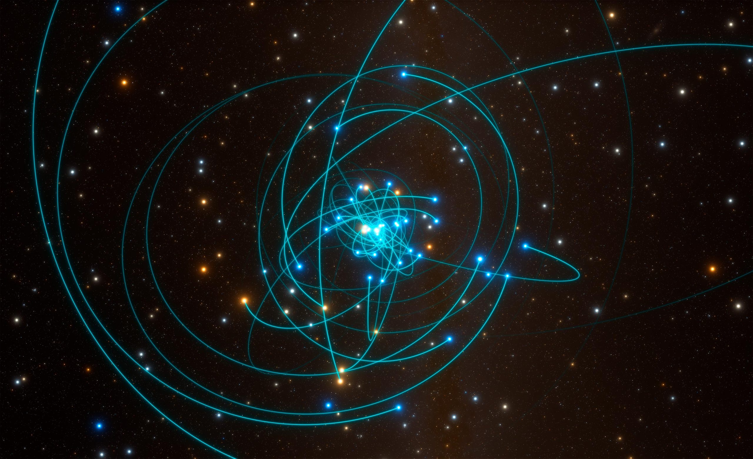 Dráhy hvězd okolo černé díry Sgr A*. Autor: ESO/L. Calçada/spaceengine.org