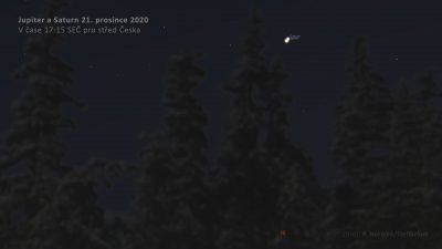 Největší přiblížení Jupiteru a Saturnu 21. prosince – simulační snímek. Zdroj: Petr Horálek/Stellarium.