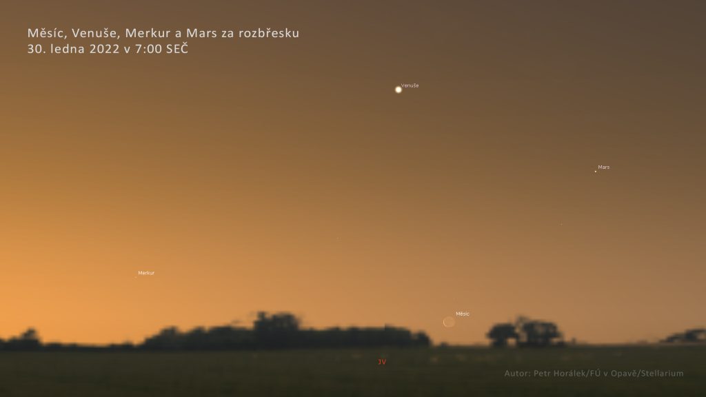 Měsíc a planety Venuše, Mars a Merkur 30. ledna 2022 nad jihovýchodním obzorem okolo 7. hodiny ranní. Zdroj: P. Horálek/FÚ v Opavě/Stellarium.