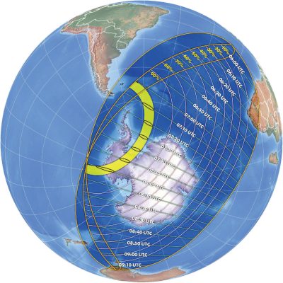 Mapa viditelnosti úplného zatmění Slunce 4. prosince 2021. Zdroj: Greatamericaneclipse.com.