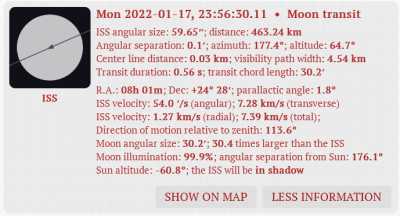 Podrobnosti o přeletu ISS ze zvoleného místa, kde úkaz pozoroval Petr Horálek (severozápadně od Klokočova u Vítkova). Zdroj: ISS Transit Finder.