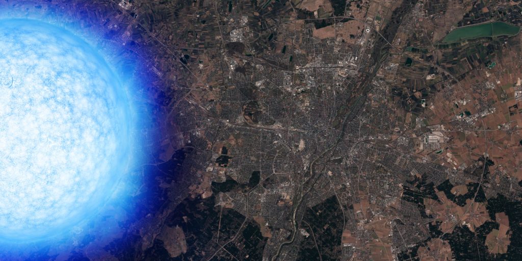 Neutronová hvězda v porovnání s německým Mnichovem. Na šířku je Mnichov zhruba tak velký, jaký mají průměr největší pozorované neutronové hvězdy – asi 27 kilometrů. Grafika: ESO / ESRI World Imagery, L. Calçada.