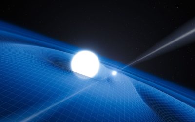Neutronová hvězda (vpravo) ve svém gravitačním poli (znázorněné sítí) interaguje s nedalekou hvězdou. Díky této interakci lze lépe určit vlastnosti neutronové hvězdy samotné včetně její „obezity“. Umělecká grafika: ESO/L. Calçada.