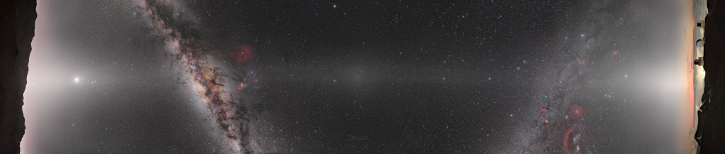 Unikátní mizaika zvířetníkového světla zachycená z observatoří Gemini North (Havaj) a Gemini South (Chile). Foto: P. Horálek (Institute of Physics in Opava), T. Slovinský, J. Kujal/NOIRLab/NSF/AURA