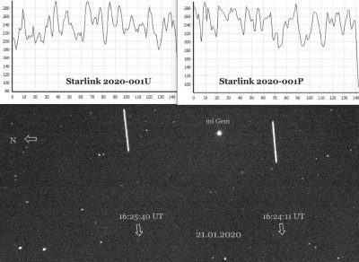 Snímek porovnání jasů běžného Starlinku a “ztmaveného” Starlinku. Foto: Milan Antoš.