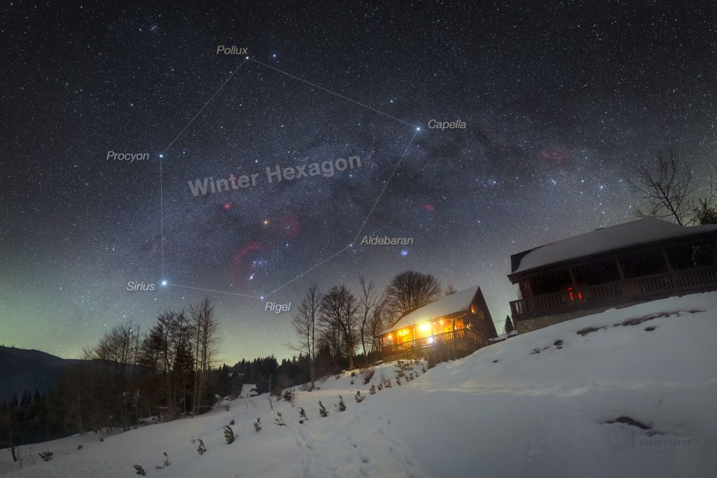 Zimní šestiúhelník tvořený šesti nejjasnějšími hvězdami zimní oblohy. Foto: Petr Horálek.