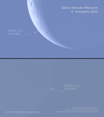 Zákryt Venuše Měsícem na denní obloze 9. listopadu 2023 při pohledu dalekohledem. Zdroj: Petr Horálek/FÚ v Opavě/Stelalrium.