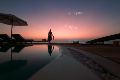 Planety Venuše a Jupiter 16. února 2023 při pohledu z ostrova Soneva Jani. Foto: Petr Horálek/Fyzikální ústav v Opavě.