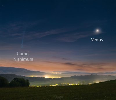 Krásná kometa Nishimura - s popisky. Foto: Petr Horálek/FÚ v Opavě.