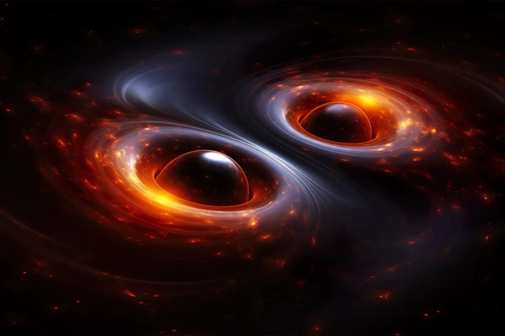 Během kolizí černých děr dochází k překotnému uvolňování gravitačních vln. Studium těchto kolizí umožňuje, aby Antonina Zinhailo z Fyzikálního ústavu v Opavě ověřila nové teorie popisu gravitace. Zdroj: NANOGrav collaboration/Scitechdaily.com.