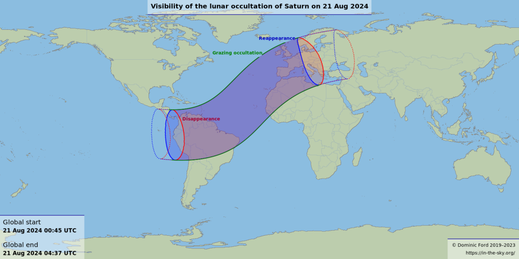 Oblast pozorovatelnosti zákrytu Saturnu Měsícem 21. srpna 2024. Na území Česka a Slovenska je úkaz viditelný za rozbřesku a na denní obloze v časných ranních hodinách. Zdroj: In-the-Sky.org.