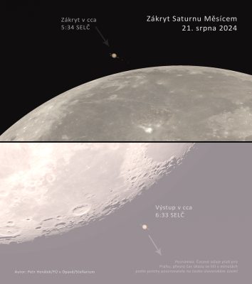 Zákryt Saturnu Měsícem 21. srpna 2024 v časných ranních hodinách bude zajímavý zejména při pozorování dalekohledem. Jednak kvůli možnosti vidět Saturnovy prstence a také kvůli světlé obloze probíhajícího rozbřesku během úkazu. Zdroj: Petr Horálek/Fyzikální ústav v Opavě/Stellarium.