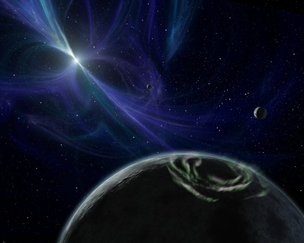 Polární záře na pólu planety obíhající vzdálený pulzar. Umělecká představa: JPL/NASA.