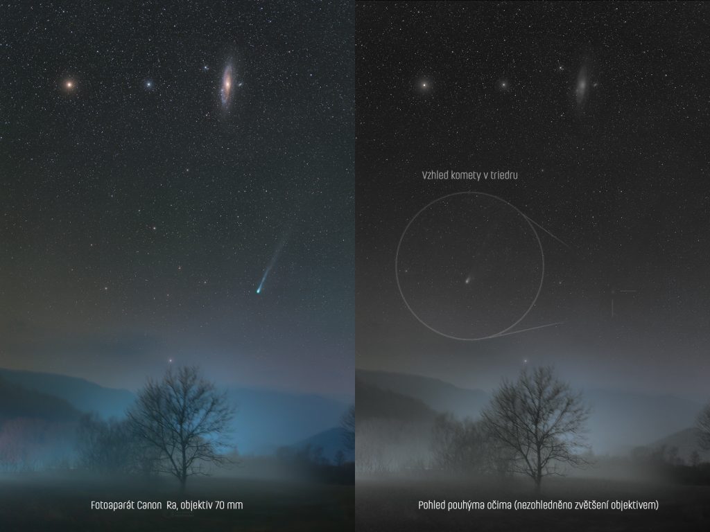 Porovnání komety a galaxie na fotografii a reálnou viditelností komety pouhýma očima (a malým dalekohledem). Autor: Petr Horálek/Fyzikální ústav v Opavě.