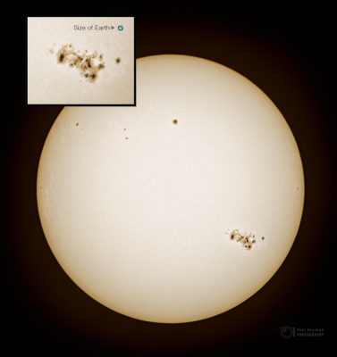 Velká sluneční skvrna a aktivní oblast AR3664 na SLunci v porovnání s velikostí Země z 10. května 2024 (v den velké polární záře). Foto: Petr Horálek/Fyzikální ústav v Opavě.