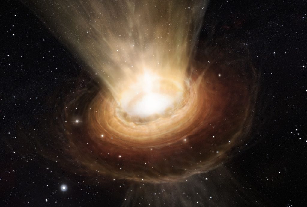 Umělecká představa superhmotné černé díry v centru galaxie NGC 3783. Vnitřní akreční disk obklopuje vnější slabší prstenec hmoty. Zdroj: ESO/M. Kornmesser.