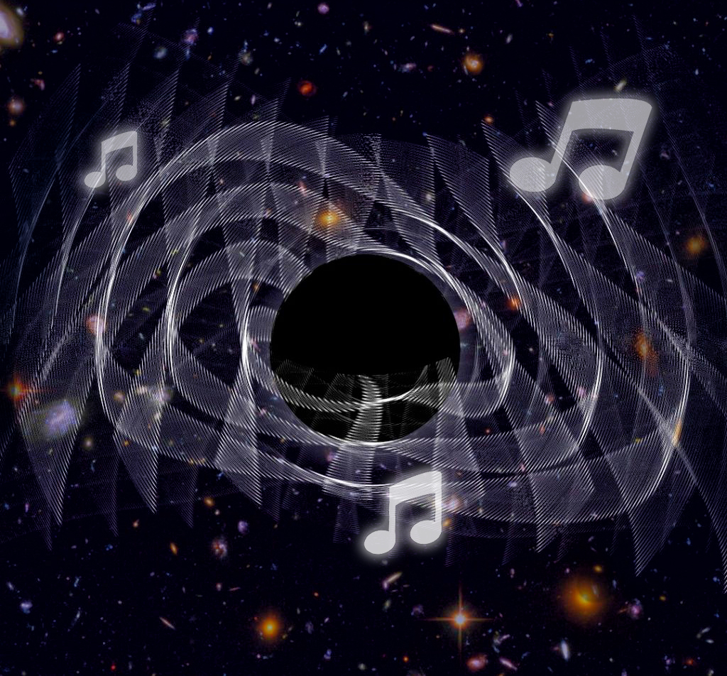Interakce černých děr či splynutí velkých kosmických objektů vysílá do vesmíru záření podobné hudebním akordům. Zdroj: Max Isi/NASA/FÚ v Opavě.