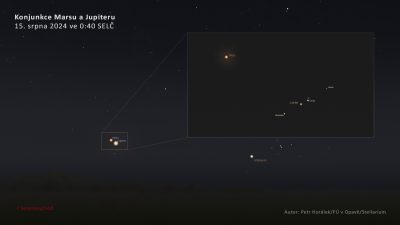 Těsná konjunkce Jupiteru a Marsu 15. srpna 2024, viditelná od půlnoci do rozbřesku. Zdroj: Petr Horálek/Fyzikální ústav v Opavě/Stellarium.