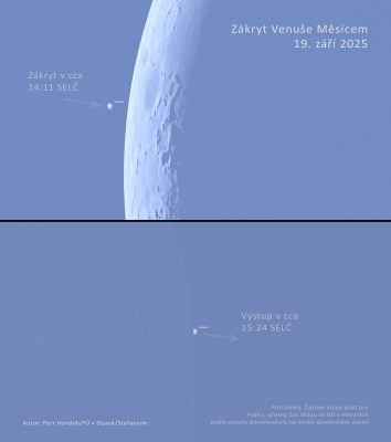 Zákryt Venuše Měsícem na denní obloze 19. září 2025 při pohledu přes astronomický dalekohled. Zdroj: Petr Horálek/Fyzikální ústav v Opavě.