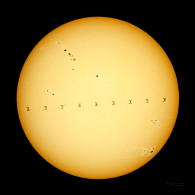 Mezinárodní kosmická stanice ISS před Sluncem 14. června 2024 z Hranic na Vysočině. Foto: Petr Horálek, FÚ SLU v Opavě.