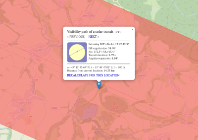Poloha pozroovacího místa přeletu Mezinárodní kosmické stanice ISS v Hranice na Vysočině. Zdroj: Transit-Finder.com