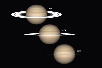 V roce 2025 se rovina Saturnových prstenců bude promítat při pozorování ze Země pod nejmenším úhlem. Znovu taková situace nastane až v roce 2038. Zdroj: NASA.