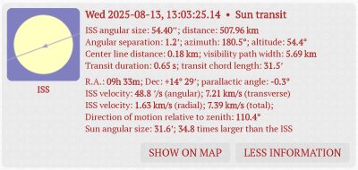 Parametry přeletu Mezinárodní kosmické stanice ISS na zvoleném místě pozorování na Vysočině. Zdroj: Transit-Finder.com