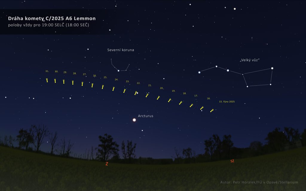 Vyhledávací mapka pro kometu C/2025 A6 Lemmon. Zdroj: Petr Horálek/FÚ v Opavě/Stellarium.