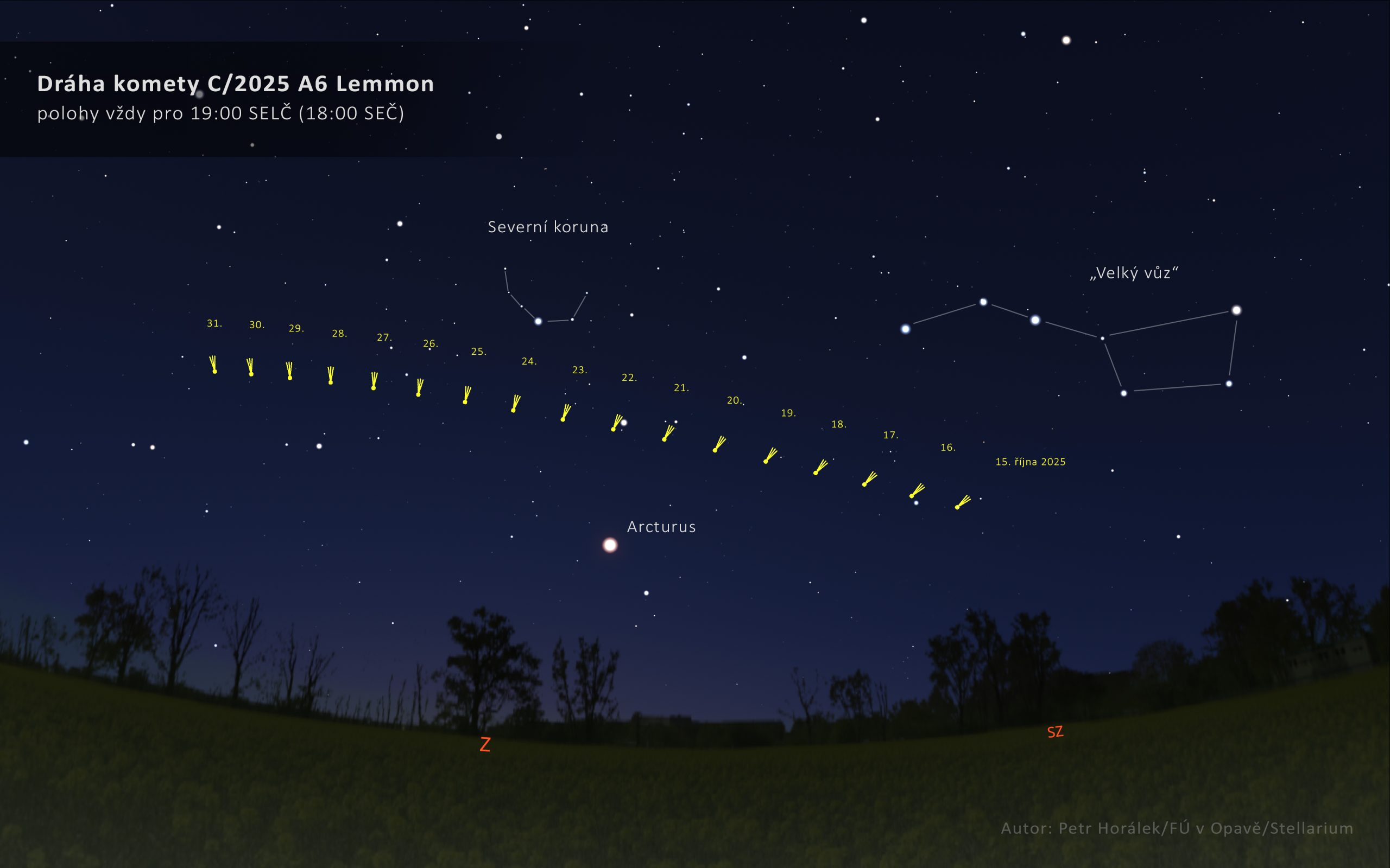 Vyhledávací mapka pro kometu C/2025 A6 Lemmon. Zdroj: Petr Horálek/FÚ v Opavě/Stellarium.