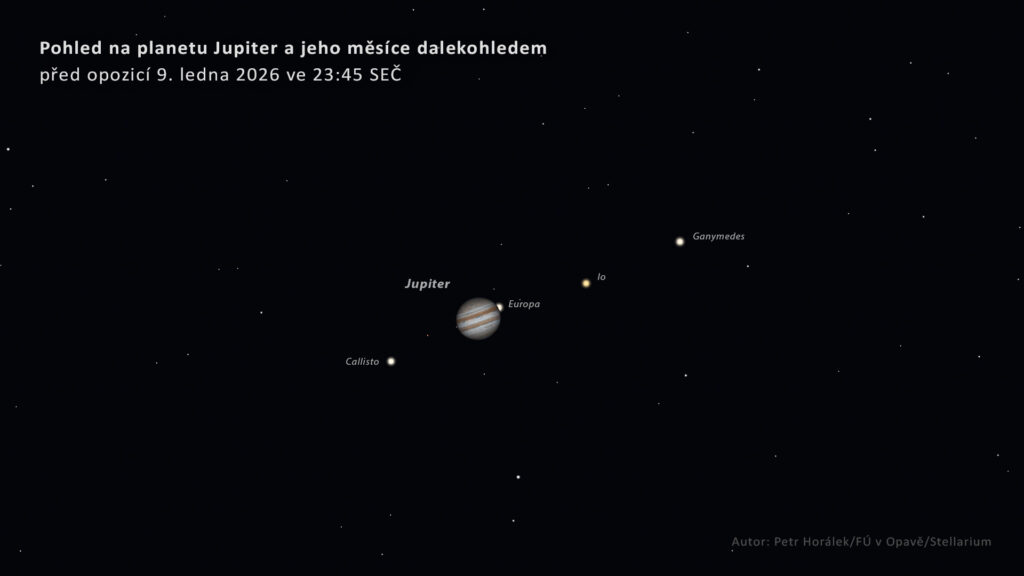 Pohled na planetu Jupiter a její nejjasnější měsíce přes středně velký hvězdářský dalekohled (nad 10 cm v průměru) 9. ledna 2026 ve 23:45 SEČ, tedy necelých 10 hodin před opozicí se Sluncem. Jupiter v té době najdeme vysoko nad jižním obzorem v souhvězdí Býka jako nejjasnější objekt noční oblohy. Zdroj: Petr Horálek/Fyzikální ústav v Opavě/Stellarium.