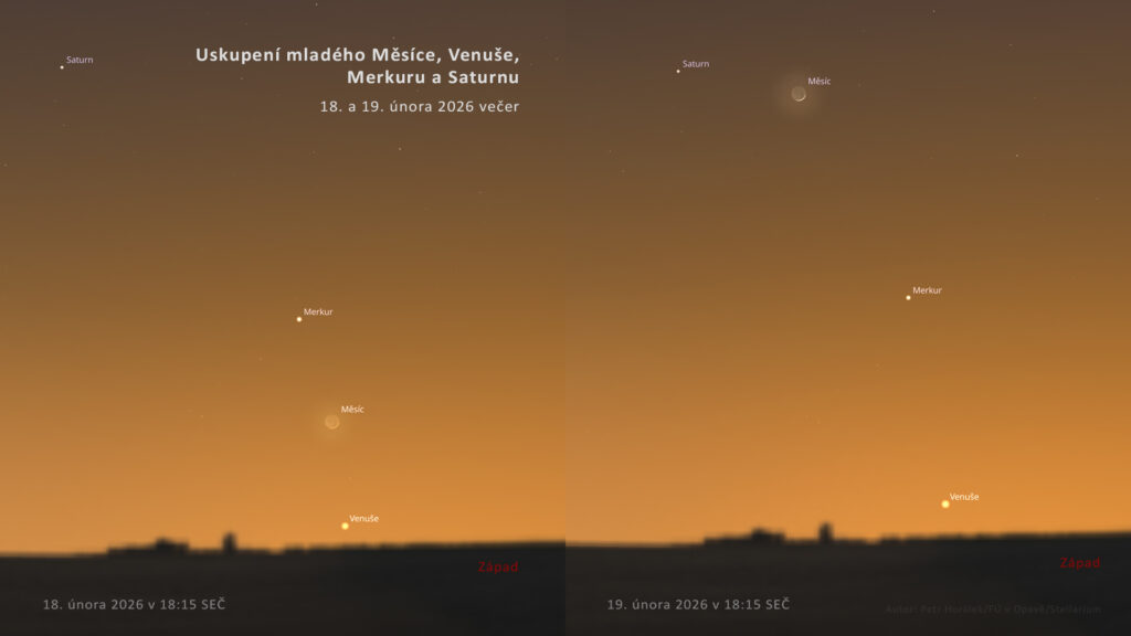 Uskupení Merkuru. Venuše, Měsíce a Saturnu 18. a 19. února 2026 večer. Zdroj: Petr Horálek/FÚ v Opavě/Stellarium.