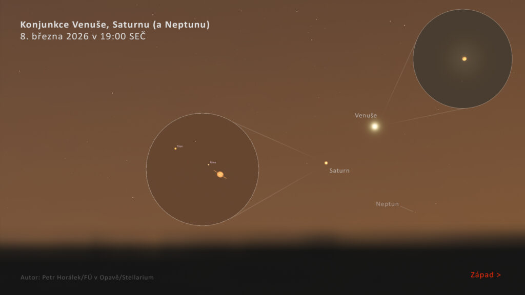 Konjunkce Venuše a Saturnu 8. března 2026 večer nízko nad západním obzorem. Zdroj: Petr Horálek/FÚ v Opavě/Stellarium.