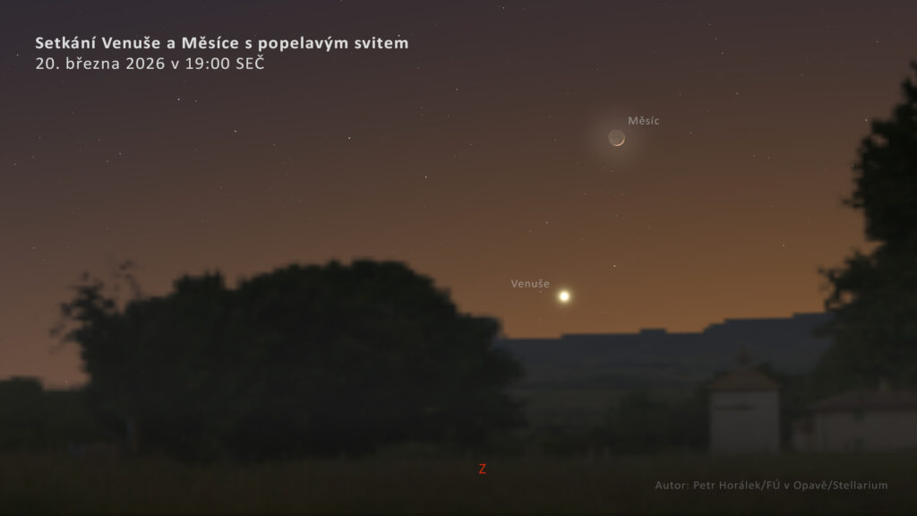 Líbezné setkání Venuše a měsíčního srpku 20. března 2026 nízko nad západním obzorem. Zdroj: Petr Horálek/Fyzikální ústav v Opavě/Stellarium.