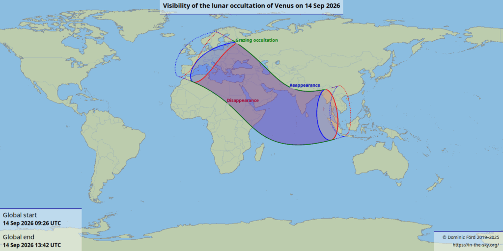 Mapa viditelnosti zákrytu Venuše Měsícem 14. září 2026 ve světě. Zdroj: In-the-sky.org.