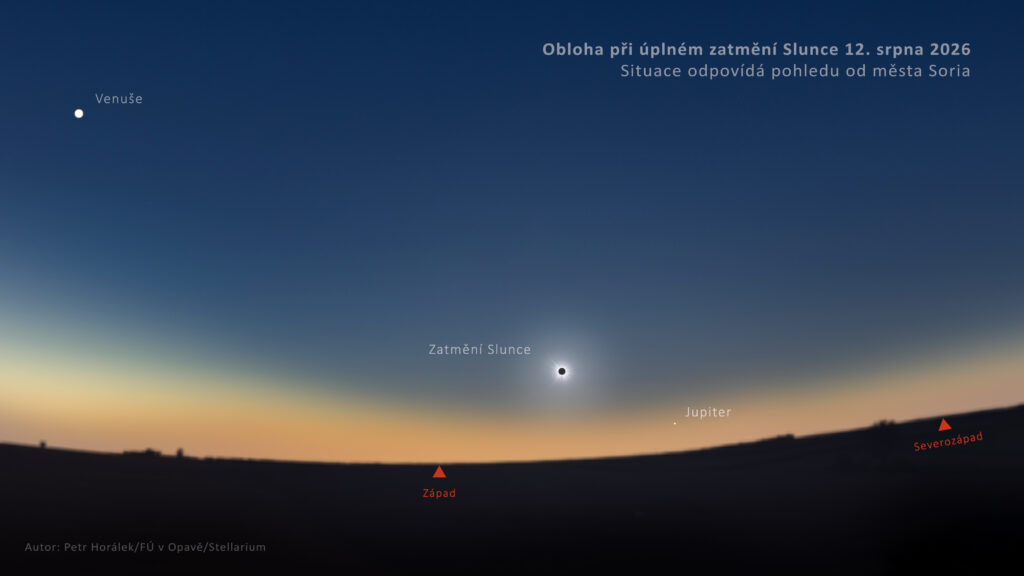 Simulační snímek maximální fáze úplného zatmění Slunce 12. srpna 2026 od španělského města Soria. Zdroj: Petr Horálek/Fyzikální ústav v Opavě.