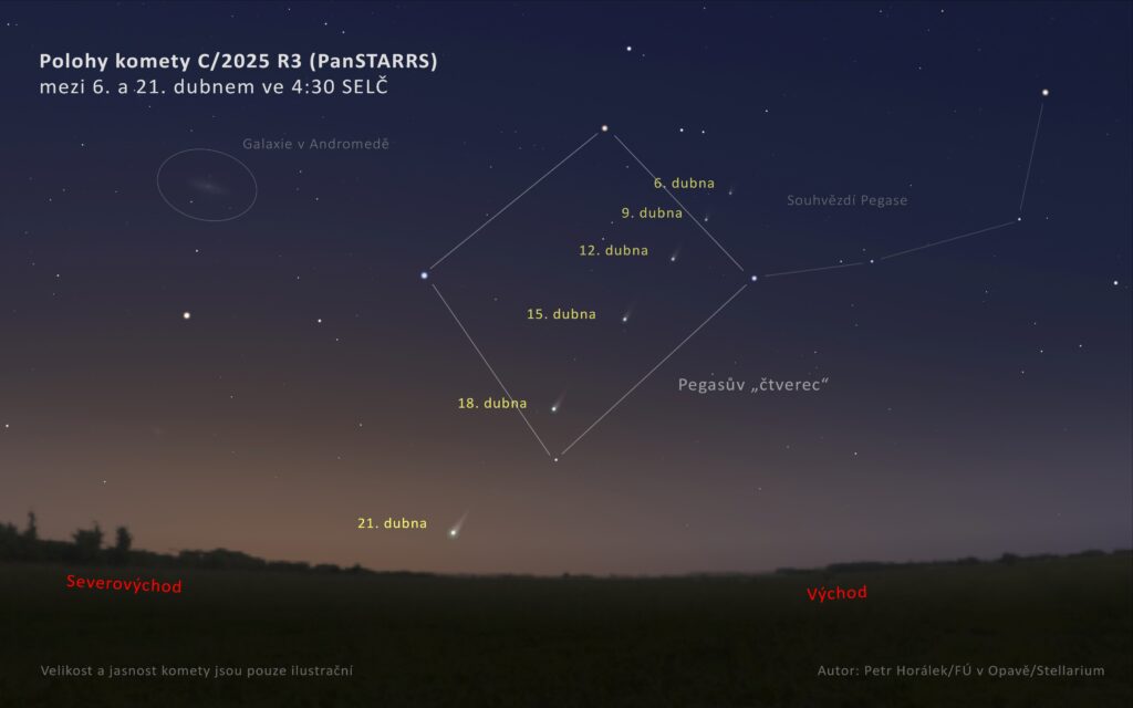 Mapka pro vyhledání komety C/2026 A1 (PanSTARRS). Kometa bude dobře vyhledatelná do přibližně 21. dubna vždy okolo 4:30 v souhvězdí Pegasa; napomoci může tzv. Pegasův čtverec. Autor: Petr Horálek/Fyzikální ústav v Opavě/ Stellarium.