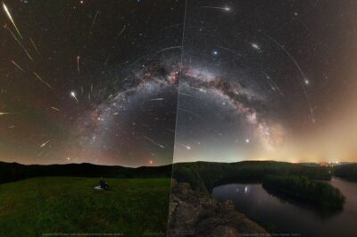 Čím dále od měst a zdrojů světelného znečištění se pozorovatel nachází, tím více meteorů spatří. Srovnání ukazuje rozdíl mezi Parkem tmavé oblohy Poloniny (vlevo), který leží stovky kilometrů od velkoměst, a Sečskou přehradou (vpravo), vzdálenou od městských center jen desítky kilometrů. Rozdíl v kvalitě oblohy je patrný na první pohled. Foto: Tomáš Slovinský (vlevo) a Petr Horálek (vpravo).