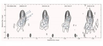 Struktura relativistického výtrysku aktivního galaktického jádra PKS 0735+178, odhalená pomocí rádiové interferometrie VLBI. Zdroj: FÚ v Opavě.